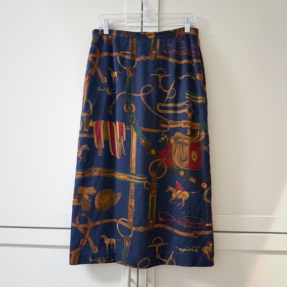 Pendleton Dresses & Skirts - Pendleton Petite Equestrian Print Midi Skirt Navy Blue Horse Saddle Rayon Sz 12